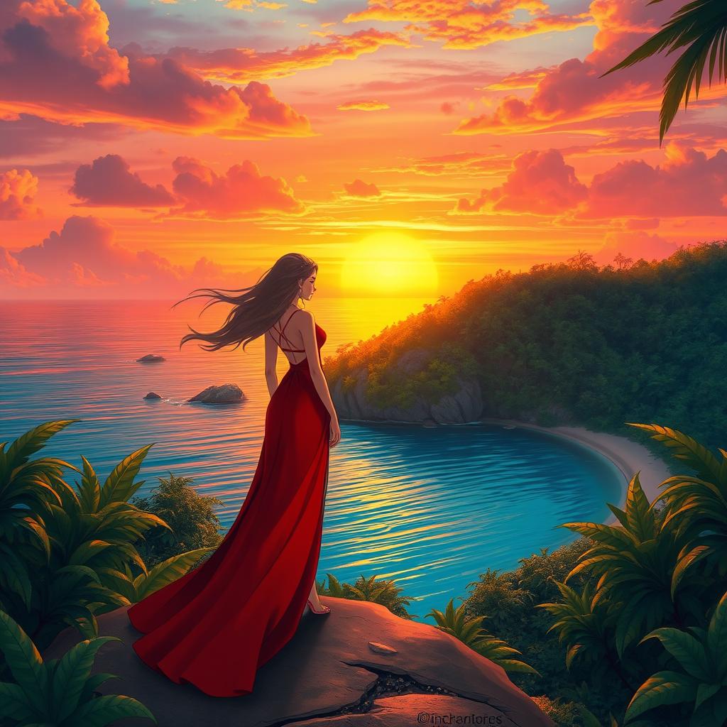 A character girl with flowing hair wears a striking red-orange dress featuring a stylish thigh-high slit, standing elegantly on a lost island filled with dense foliage and tropical plants