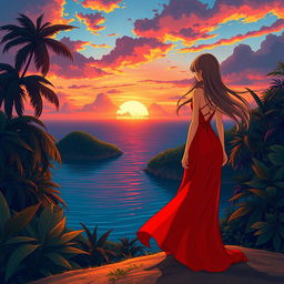 A character girl with flowing hair wears a striking red-orange dress featuring a stylish thigh-high slit, standing elegantly on a lost island filled with dense foliage and tropical plants