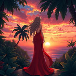 A character girl with flowing hair wears a striking red-orange dress featuring a stylish thigh-high slit, standing elegantly on a lost island filled with dense foliage and tropical plants