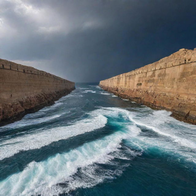 A grand spectacle of the Red Sea, miraculously parted into two towering walls of water, forming a dry path in between for passage, under the stormy, dramatic sky.