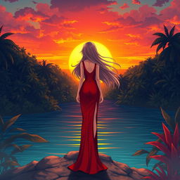 A character girl with flowing hair wears a striking red-orange dress featuring a stylish thigh-high slit, standing elegantly on a lost island filled with dense foliage and tropical plants