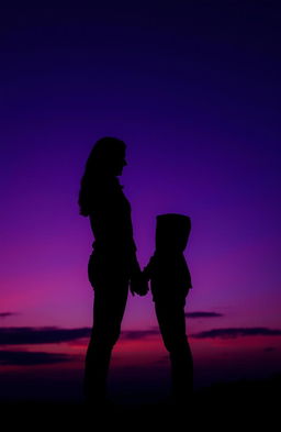 A romantic silhouette of a couple holding hands, standing close together, their profiles highlighted against a stunning twilight backdrop