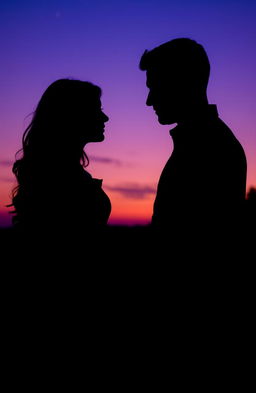 A romantic silhouette of a couple holding hands, standing close together, their profiles highlighted against a stunning twilight backdrop