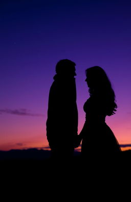 A romantic silhouette of a couple holding hands, standing close together, their profiles highlighted against a stunning twilight backdrop