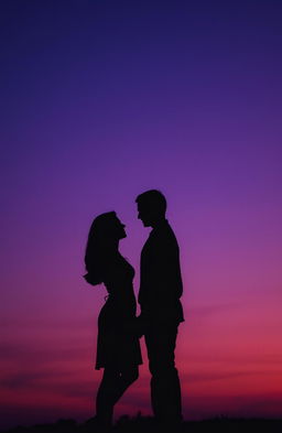 A romantic silhouette of a couple holding hands, standing close together, their profiles highlighted against a stunning twilight backdrop