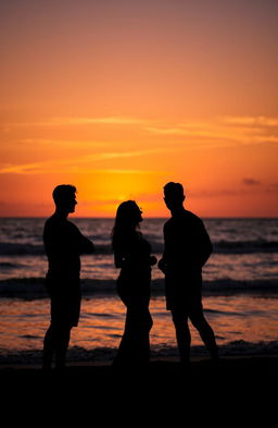 A silhouette of two men and one woman standing together against a beautiful beach background during sunset