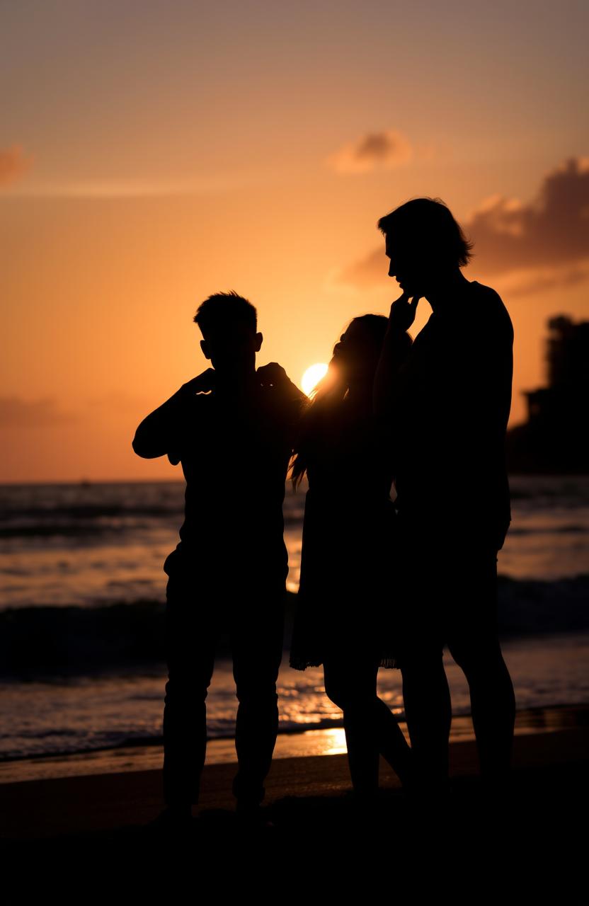 A silhouette of two men and one woman standing together against a beautiful beach background during sunset