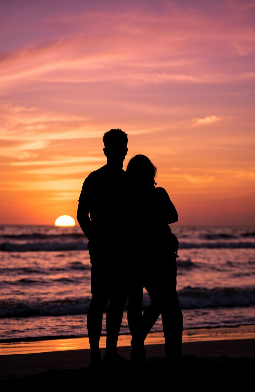 A silhouette of two men and one woman standing together against a beautiful beach background during sunset