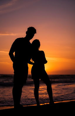 A silhouette of two men and one woman standing together against a beautiful beach background during sunset