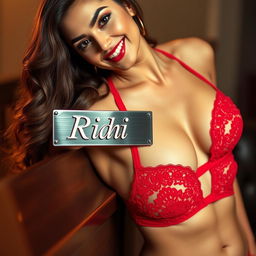 An alluring image featuring a name plate that reads 'Ridhi', accompanied by a confident woman wearing a striking red lace bra