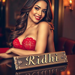 An alluring image featuring a name plate that reads 'Ridhi', accompanied by a confident woman wearing a striking red lace bra