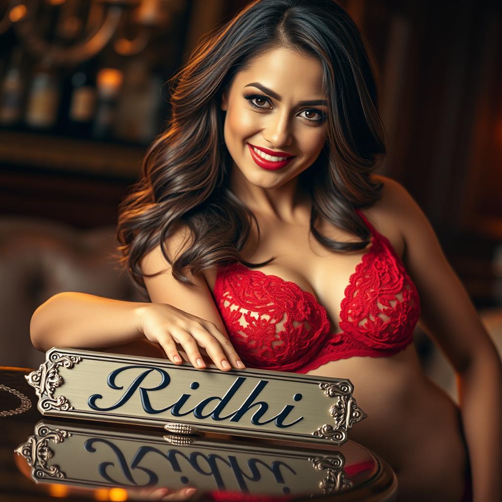 An alluring image featuring a name plate that reads 'Ridhi', accompanied by a confident woman wearing a striking red lace bra