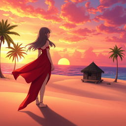 A character girl with flowing hair, wearing an eye-catching red-orange dress with a graceful thigh-high slit, stands on a wide, lost island