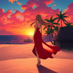 A character girl with flowing hair, wearing an eye-catching red-orange dress with a graceful thigh-high slit, stands on a wide, lost island