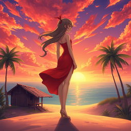 A character girl with flowing hair, wearing an eye-catching red-orange dress with a graceful thigh-high slit, stands on a wide, lost island