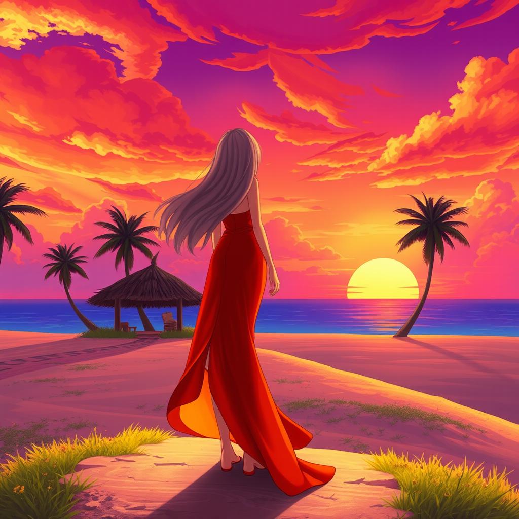 A character girl with flowing hair, wearing an eye-catching red-orange dress with a graceful thigh-high slit, stands on a wide, lost island