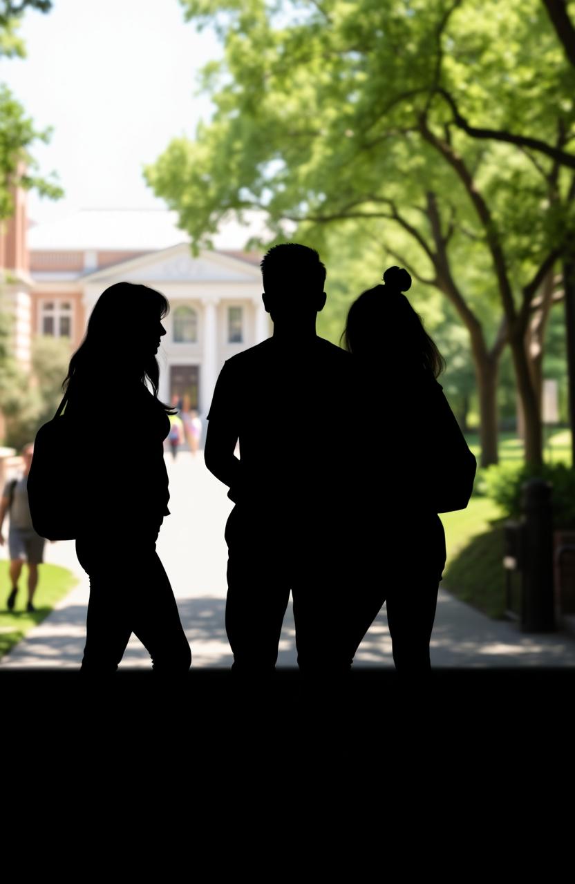 A silhouette scene featuring two women and one man standing together, their outlines sharply defined against a bright college campus background