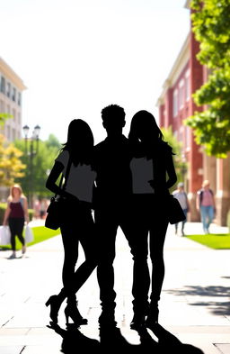 A silhouette scene featuring two women and one man standing together, their outlines sharply defined against a bright college campus background