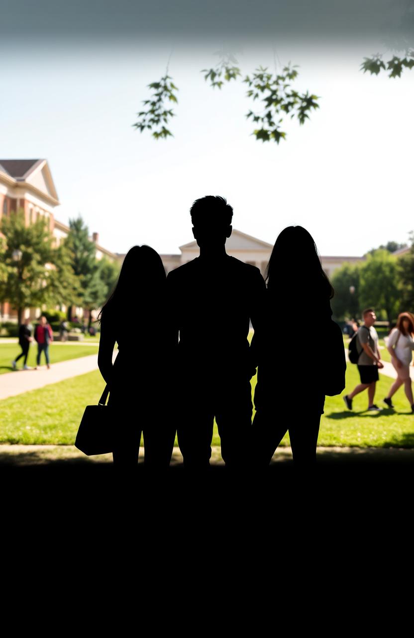 A silhouette scene featuring two women and one man standing together, their outlines sharply defined against a bright college campus background