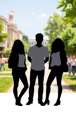 A silhouette scene featuring two women and one man standing together, their outlines sharply defined against a bright college campus background