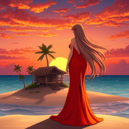 A character girl with long flowing hair stands on a wide, lost island, wearing a stunning red-orange dress that features a stylish thigh-high slit