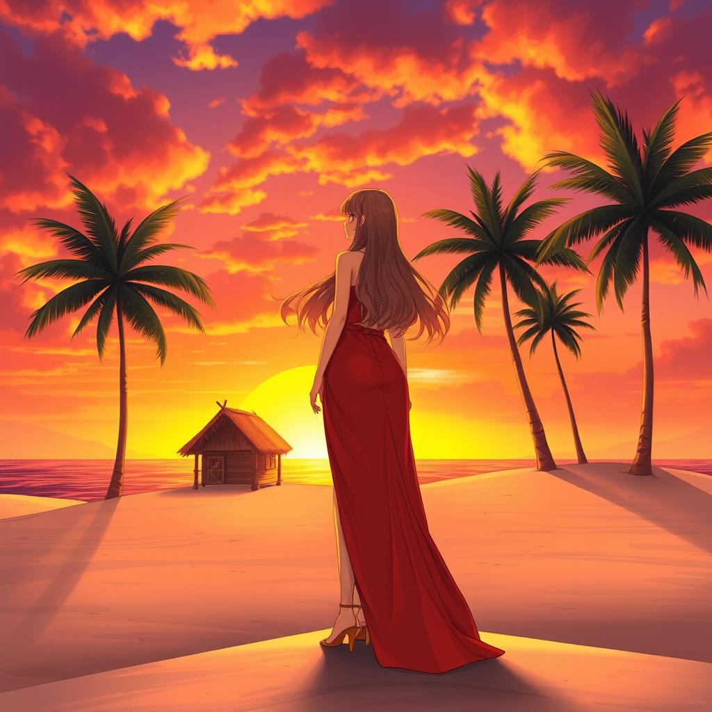 A character girl with long flowing hair stands on a wide, lost island, wearing a stunning red-orange dress that features a stylish thigh-high slit