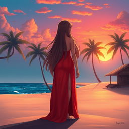 A character girl with long flowing hair stands on a wide, lost island, wearing a stunning red-orange dress that features a stylish thigh-high slit