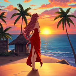 A character girl with long flowing hair stands on a wide, lost island, wearing a stunning red-orange dress that features a stylish thigh-high slit