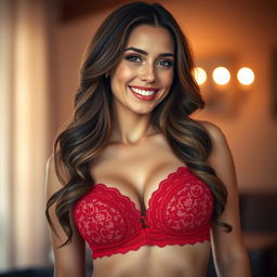 A captivating image of a confident woman wearing a stylish red lace bra, who is smiling beautifully