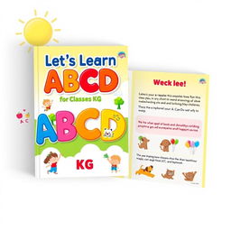 A delightful and vibrant book cover design for a children's book titled 'Let's Learn ABCD for Classes KG'