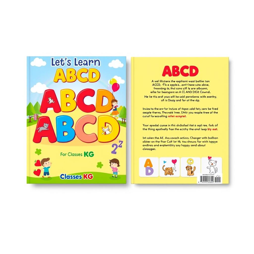 A delightful and vibrant book cover design for a children's book titled 'Let's Learn ABCD for Classes KG'