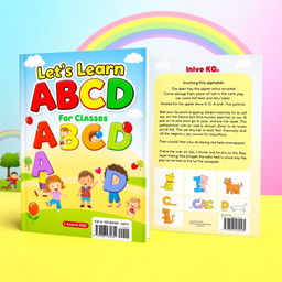 A delightful and vibrant book cover design for a children's book titled 'Let's Learn ABCD for Classes KG'