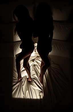 A striking silhouette of two women and one man on a bed, featuring the artistic play of light and shadows, with the background prominently showcasing luxurious bedding