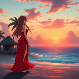 A character girl with long, flowing brown hair stands gracefully on a wide, lost island, wearing a beautiful red-orange flowy dress that features a thigh-high slit