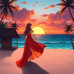 A character girl with long, flowing brown hair stands gracefully on a wide, lost island, wearing a beautiful red-orange flowy dress that features a thigh-high slit