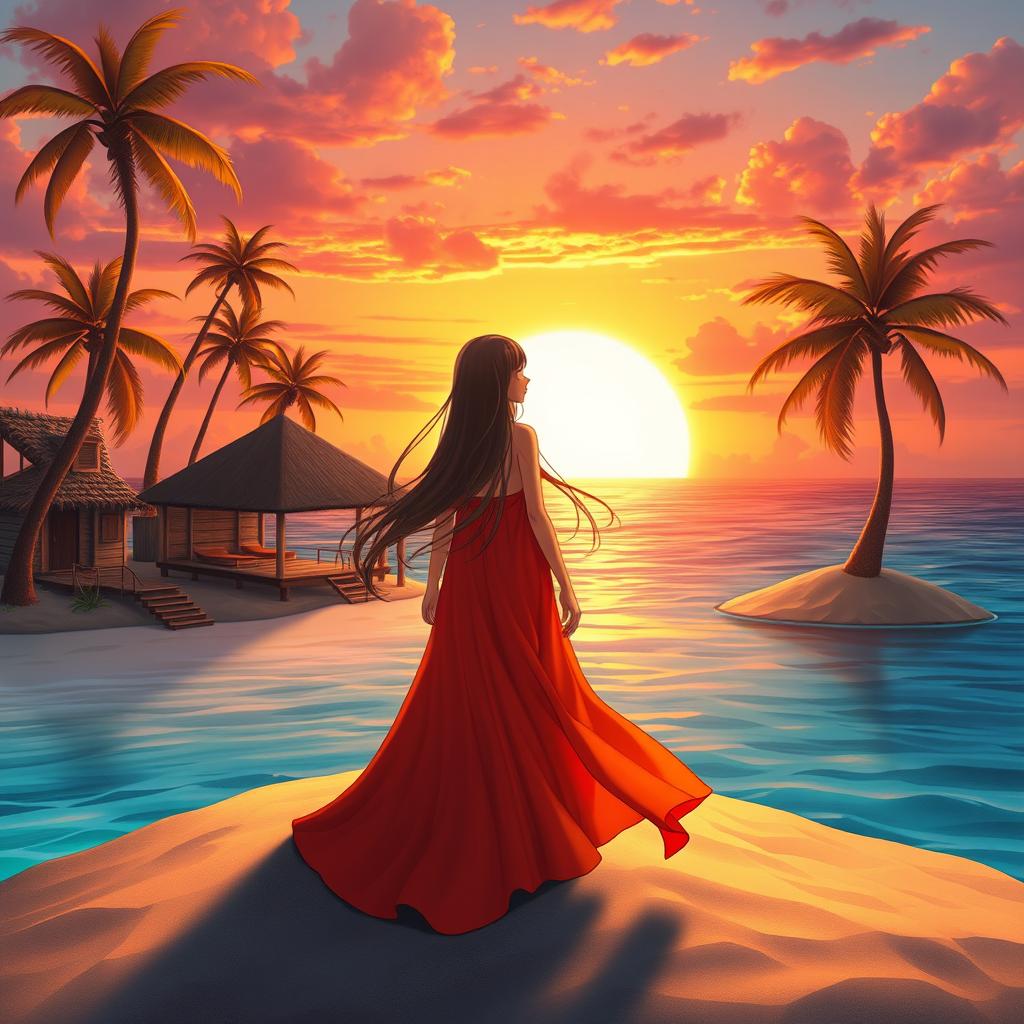 A character girl with long, flowing brown hair stands gracefully on a wide, lost island, wearing a beautiful red-orange flowy dress that features a thigh-high slit