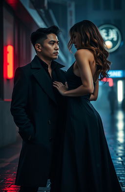 A captivating scene from a dark romance between an Asian man and a stunning, seductive woman