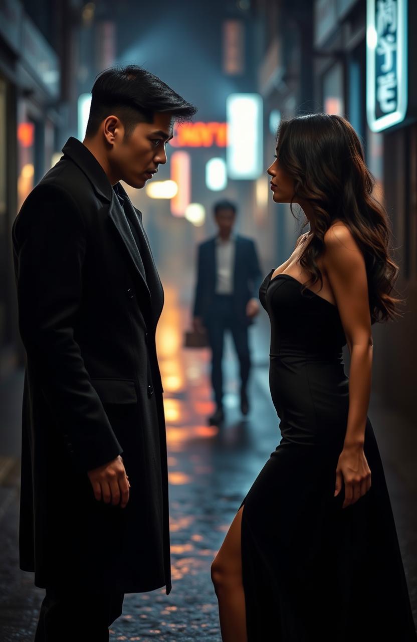 A captivating scene from a dark romance between an Asian man and a stunning, seductive woman