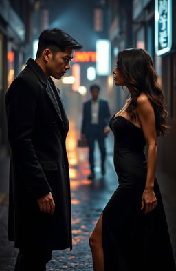 A captivating scene from a dark romance between an Asian man and a stunning, seductive woman
