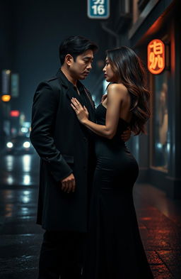 A captivating scene from a dark romance between an Asian man and a stunning, seductive woman