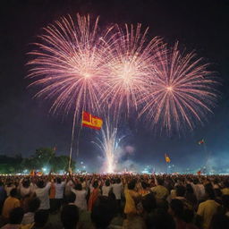 A vibrant celebration of Sri Lanka Independence Day with the national flag flying high, and people in traditional attire rejoicing amidst a display of fireworks.