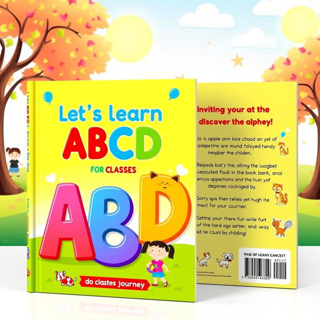 A captivating and colorful book cover design for a children's book titled 'Let's Learn ABCD for Classes KG'