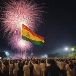 A vibrant celebration of Sri Lanka Independence Day with the national flag flying high, and people in traditional attire rejoicing amidst a display of fireworks.