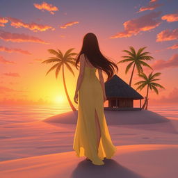 A character girl with long, flowing brown hair stands elegantly on a wide, lost island, dressed in a delicate light yellow flowy dress that features a stylish thigh-high slit