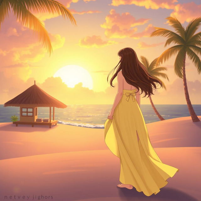 A character girl with long, flowing brown hair stands elegantly on a wide, lost island, dressed in a delicate light yellow flowy dress that features a stylish thigh-high slit