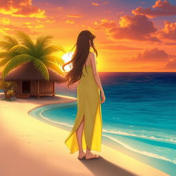 A character girl with long, flowing brown hair stands elegantly on a wide, lost island, dressed in a delicate light yellow flowy dress that features a stylish thigh-high slit