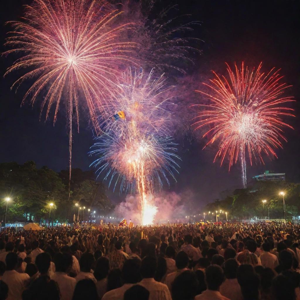 A vibrant celebration of Sri Lanka Independence Day with the national flag flying high, and people in traditional attire rejoicing amidst a display of fireworks.