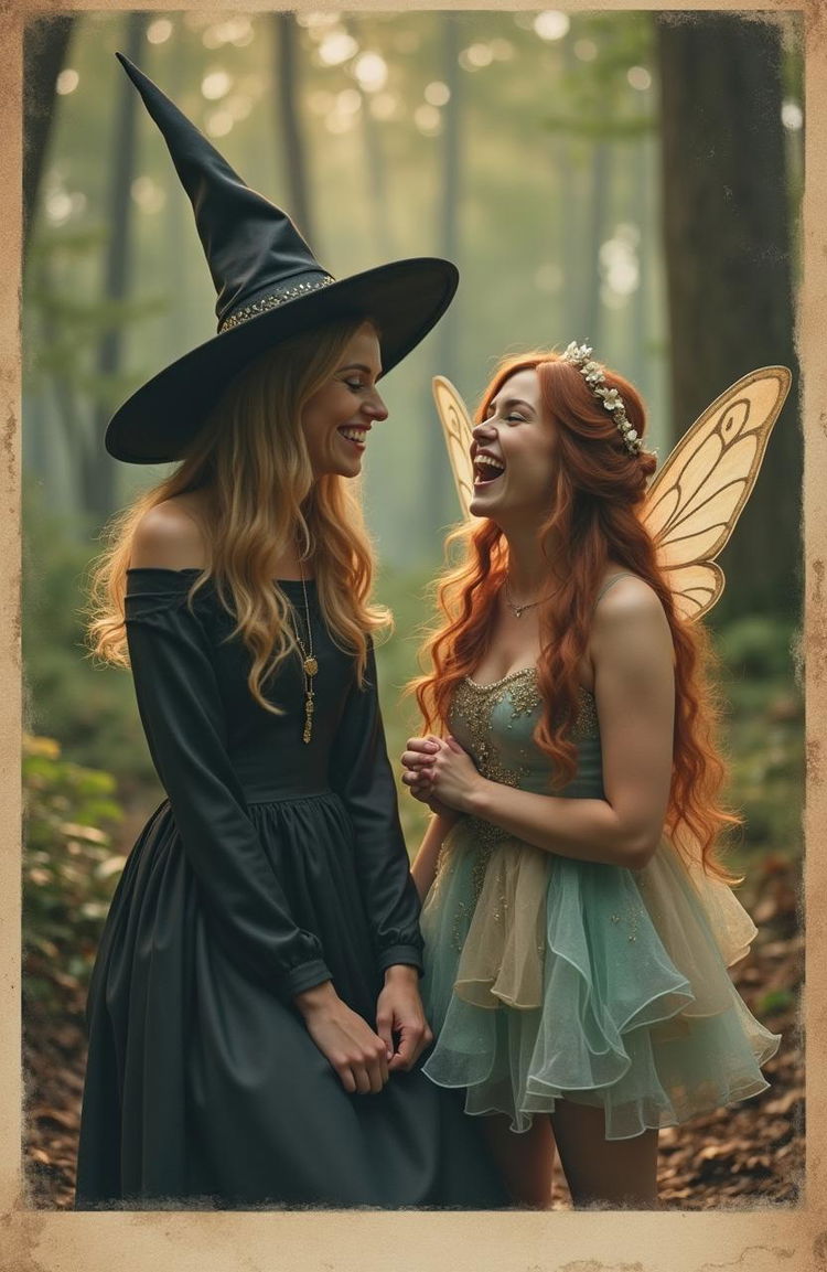 A candid 80s-style Polaroid photo featuring a witch and a fairy laughing together at a joke