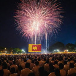 A vibrant celebration of Sri Lanka Independence Day with the national flag flying high, and people in traditional attire rejoicing amidst a display of fireworks.