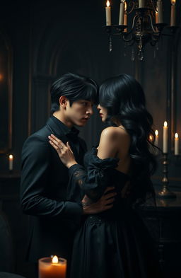 A dramatic scene of a handsome man resembling a k-pop star, reminiscent of Jungkook, alongside an alluring and mysterious woman in an elegant dark-themed setting